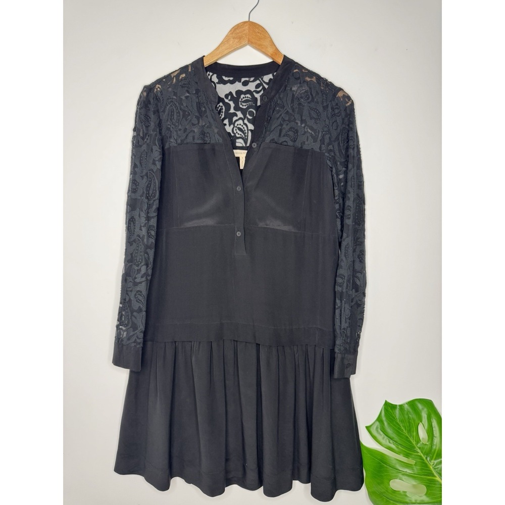 Rebecca Taylor Women's‎ 3/4 Sleeves Half Button Tiered Mini Dress Black Size 4